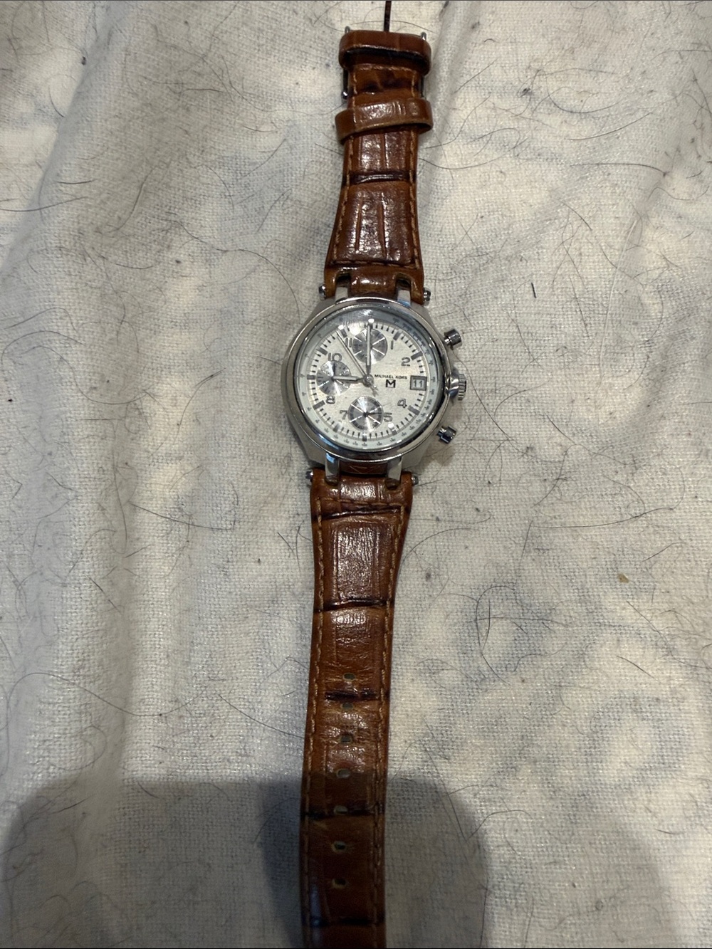Michael Kors Brown Leather Chronograph Watch - Silver Case needs battery
